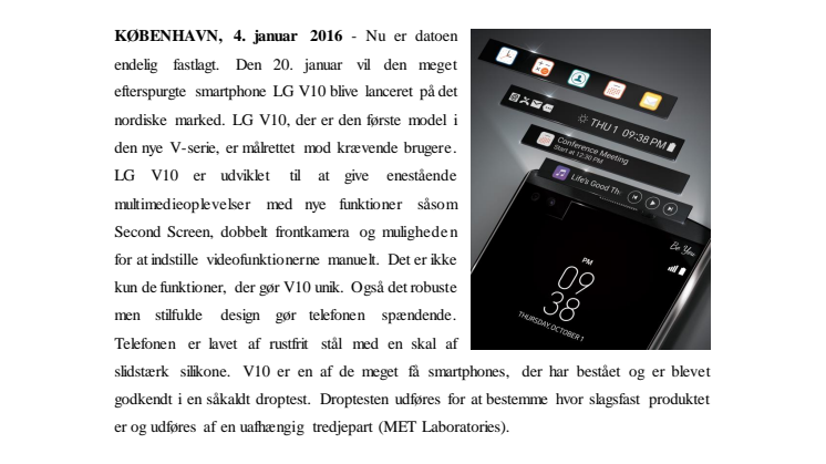 DEN 20. JANUAR KOMMER LG’S SMARTPHONE V10 TIL DANMARK