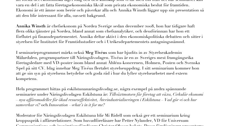 Näringslivsdagen Eskilstuna – seminarier med chefsekonomen Annika Winsth, styrelseproffset Meg Tivéus med flera