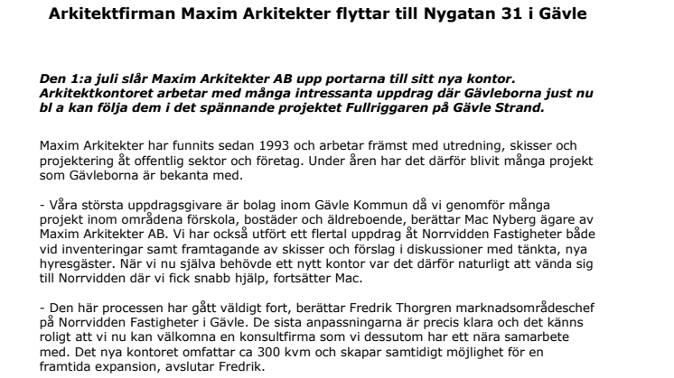 Arkitektfirman Maxim Arkitekter flyttar till Nygatan 31 i Gävle