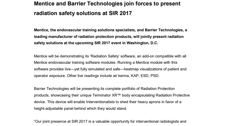 Mentice and Barrier Technologies join forces to present radiation safety solutions at SIR 2017