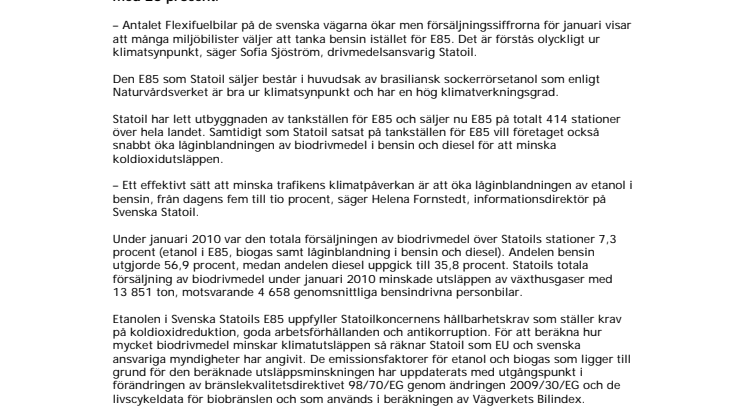 Minskad försäljning av E85 under januari 