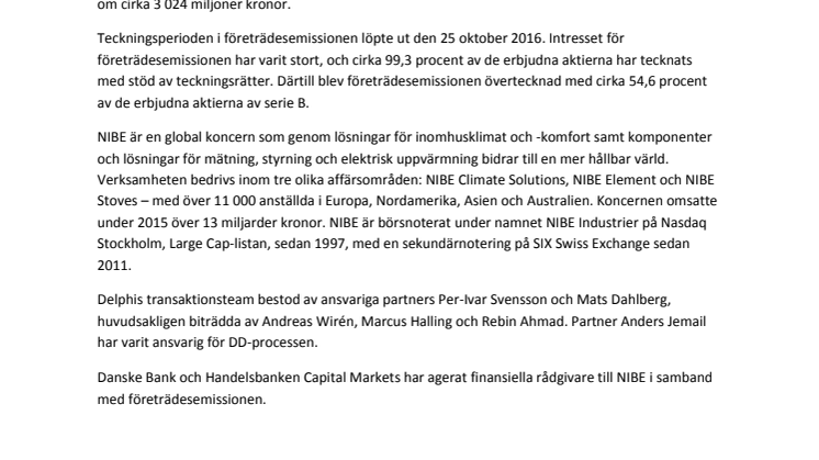 Delphi rådgivare åt NIBE Industrier AB (publ) vid företrädesemission