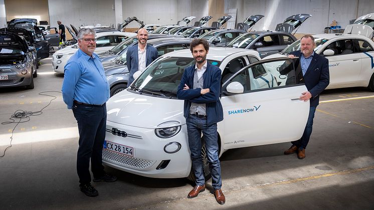 Fra ventre til højre: Steen Andersen - SHARE NOW Operational Manager, Rune Melander - Product and FCA Marketing Director, Simon Rivier - FCA CEO Nordic, Niels Bjørn Jacobsen - Leasys Country Manager