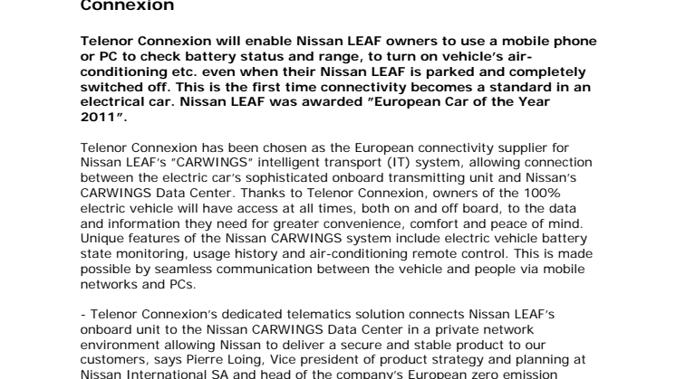 Nissan LEAF cars connected at all times through Telenor Connexion