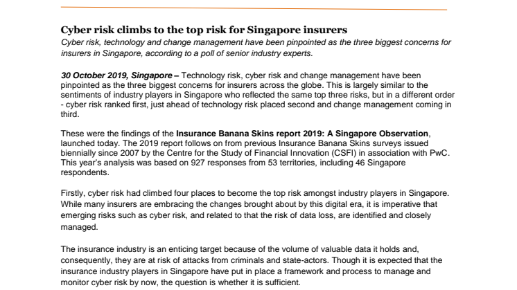 Cyber risk climbs to the top risk for Singapore insurers