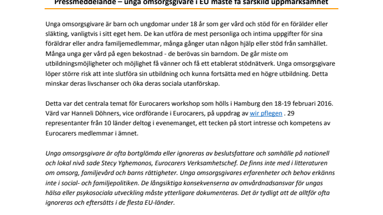 Pressmeddelande från Eurocarers - unga omsorgsgivare i EU måste få särskild uppmärksamhet