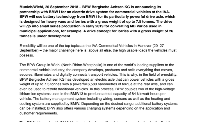 BPW uses BMW i battery technology for electric drive for lorries