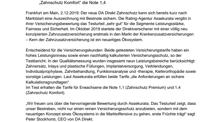 Assekurata Versicherungstest: Bestnoten für DA Direkt Zahnzusatzversicherung