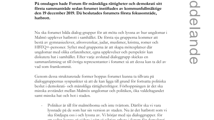 Hatbrott första fokusområdet för nya Forum för mänskliga rättigheter och demokrati