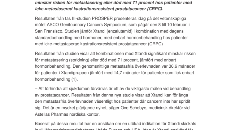 Xtandi minskar risken för spridning eller död med 71 procent