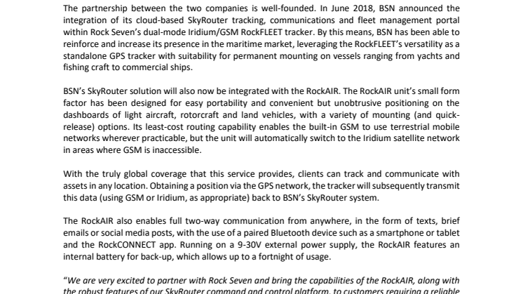 Rock Seven: Blue Sky Network launches RockAIR tracking device in the American aviation marketplace 