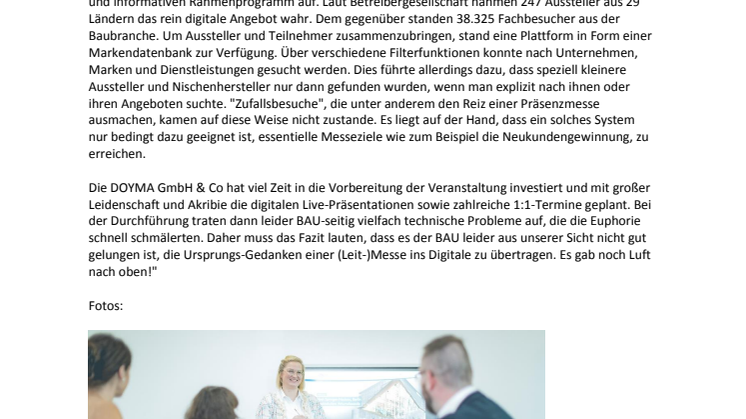 DOYMA-Pressemitteilung: "Es gab noch Luft nach oben!" - Kommentar zur BAU Online 2021 