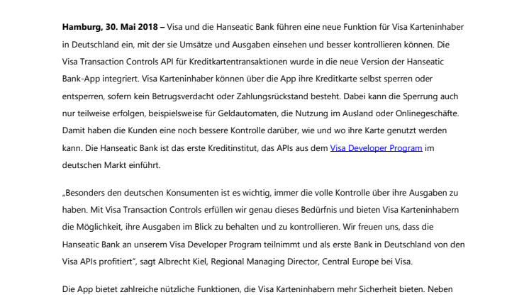 Visa und Hanseatic Bank bieten Kunden gemeinsam eine bessere Kontrolle über ihre Ausgaben