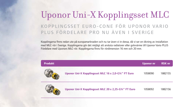 Uponor Uni-X Kopplingsset MLC med Euro-Cone för Uponor Vario PLUS fördelare PRO nu även i Sverige