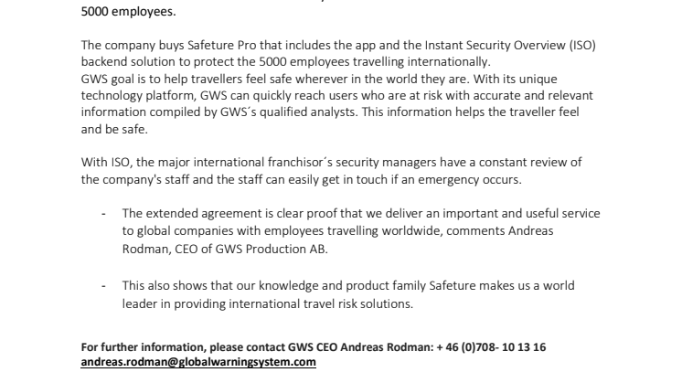 Major international franchisor expands the agreement with GWS