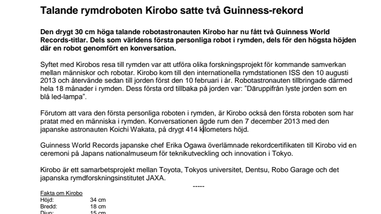 ​Talande rymdroboten Kirobo satte två Guinness-rekord