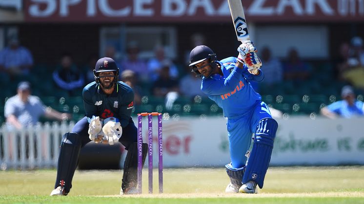 Mayank Agarwal on the way to a century for India A against England Lions in Leicester last week, watched by Surrey and Lions wicketkeeper Ben Foakes. The teams meet again at the Kia Oval on Monday in the A-team Tri-Series final