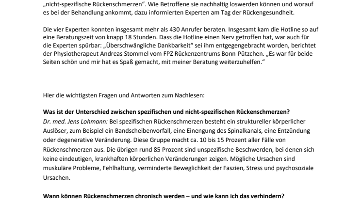 „Wer schmerzfrei bleiben will, braucht eine  maßgeschneiderte Behandlung" - Lesertelefon anlässlich des Tags der Rückengesundheit