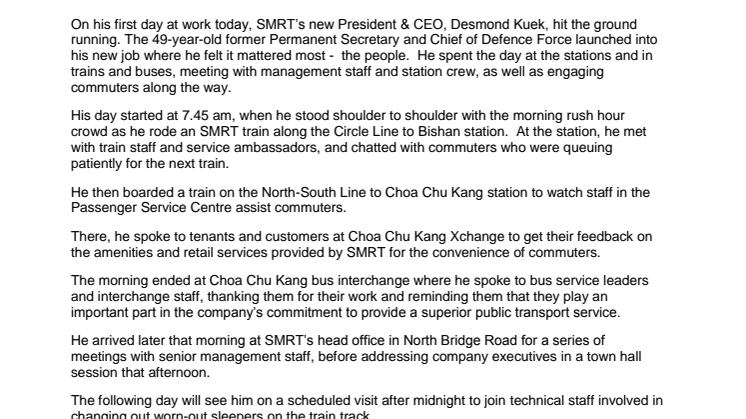SMRT’s new CEO Desmond Kuek assumes office with focus on core business and people