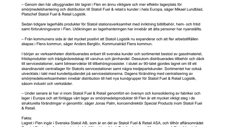 Statoil Fuel & Retail expanderar lagerverksamheten i Flen