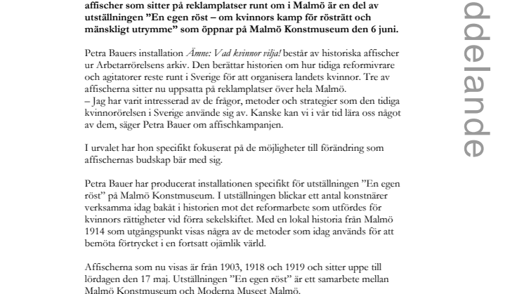 Affischkampanj upptakt till konstutställning om kvinnors rättigheter