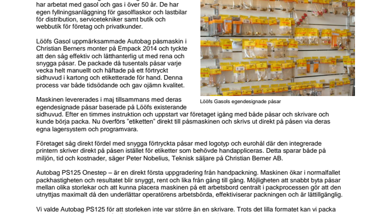 Christian Berner AB levererar förpackningsmaskin och egendesignade påsar till Lööfs Gasol AB