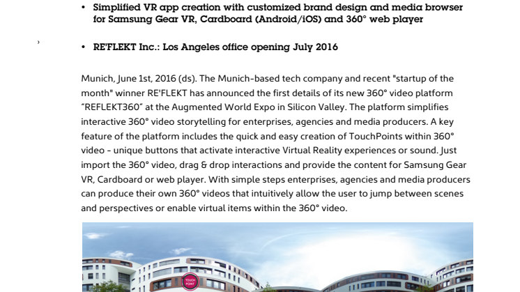 MUNICH START UP OF THE MONTH ANNOUNCES 360° VIDEO PLATFORM FOR INTERACTIVE STORYTELLING AND NEW LOCATION IN LOS ANGELES 