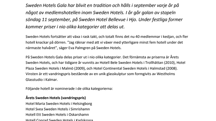 Sweden Hotels Gala 2011 - nomineringar och priser!
