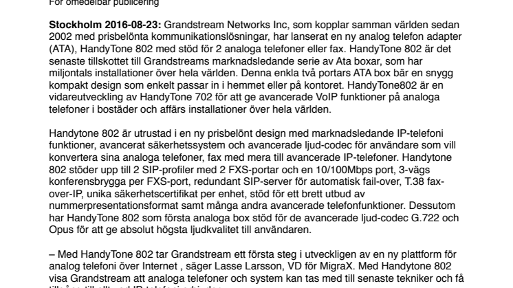 Grandstream lanserar avancerat ATA-box med två telefonportar