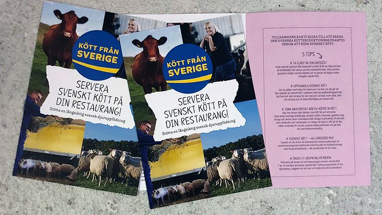Foldern "Servera svenskt kött på din restaurang! Stötta en långsiktig svensk djuruppfödning" riktar sig till restauranger och kommuner och ger 5 tips om hur vi tillsammans kan bidra till att säkra den svenska köttproduktionens framtid.
