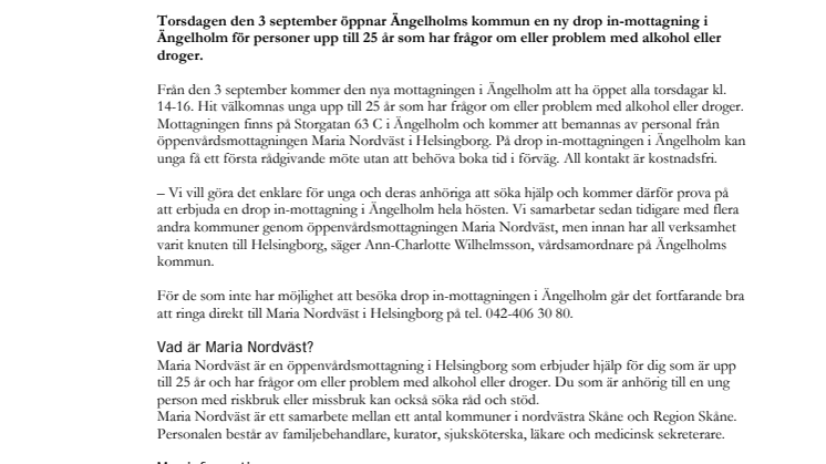 Drop in-mottagning för unga med alkohol- och drogproblem öppnar i Ängelholm