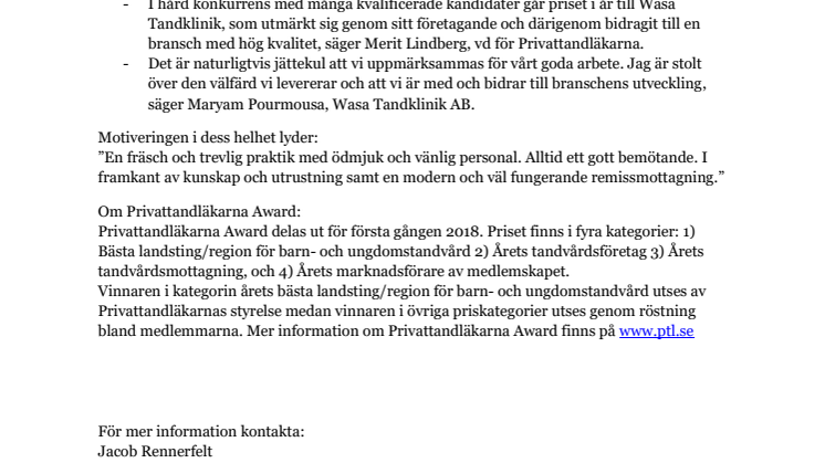 Wasa Tandklinik AB är årets tandvårdsföretag