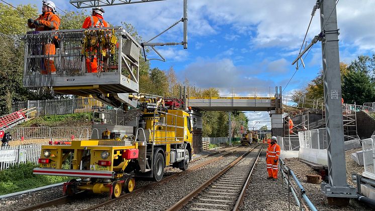 Network Rail engineers carry out wiring work on the Midland Main Line