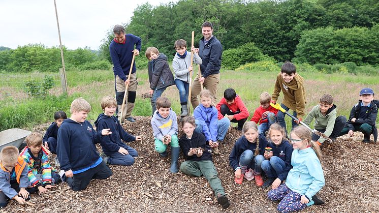 Unter dem Rindenmulch wimmelt es nur so von Insekten, wie die Louisenlunder Grundschüler sowie Fachlehrer Filip Singendonk (oben li.) und Maximilian Mordhorst (MdB) feststellen.