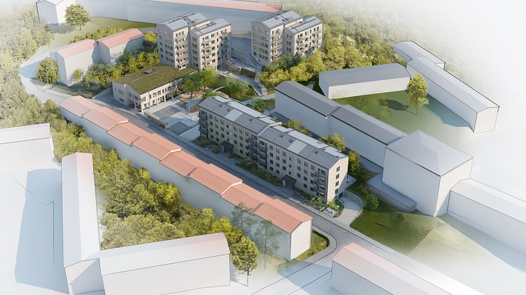 Visionsbild flygperspektiv projekt Björkhagen, Snötäcket 6 och 7. Bild: BSK Arkitekter AB