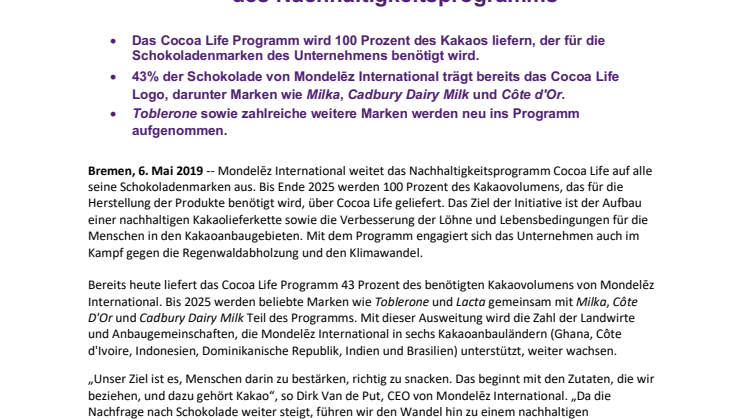 100 Prozent Cocoa Life: Alle Schokoladenmarken von Mondelēz International werden bis 2025 Teil des Nachhaltigkeitsprogramms 