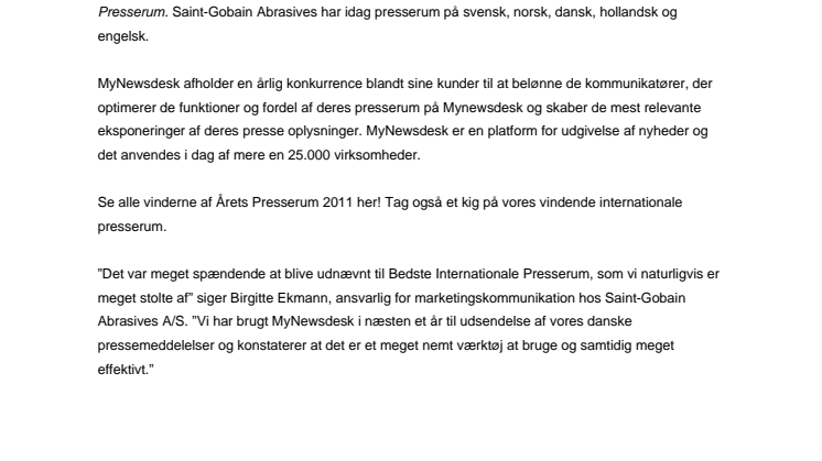 Saint-Gobain Abrasives vinder af Årets Presserum 2011