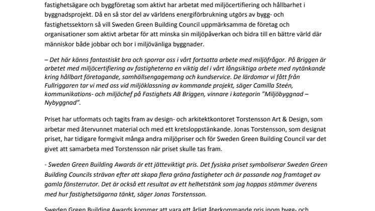 Sweden Green Building Awards har fått sina första vinnare  