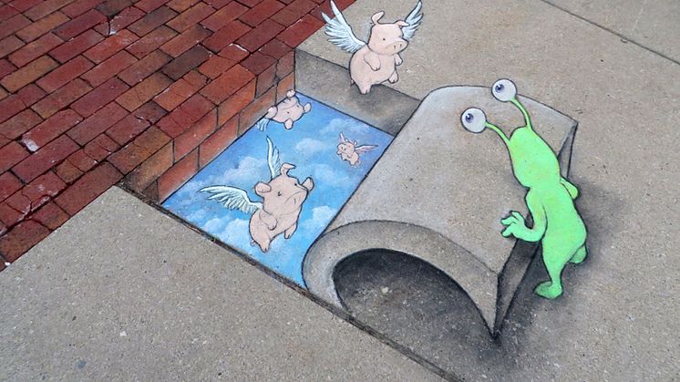 Green chalk monsters and flying pigs – David Zinn, first artist out for No Limit Street Art Borås 2015
