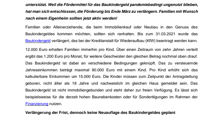 Baukindergeld bis März 2021 verlängert: Jetzt ranhalten!