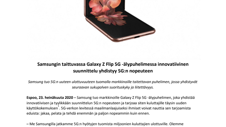 Samsungin taittuvassa Galaxy Z Flip 5G -älypuhelimessa innovatiivinen suunnittelu yhdistyy 5G:n nopeuteen