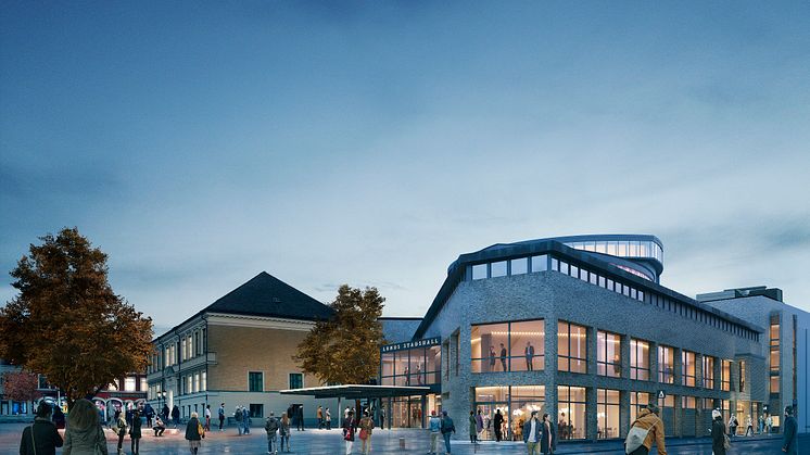 Stadshallen sedd från Stortorget. Visionsbild hämtad från White Arkitekters vinnande bidrag i arkitekttävlingen 2020. 