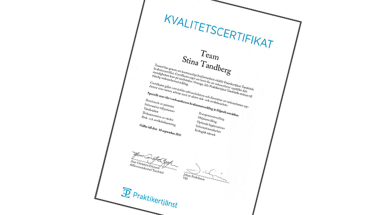 99 procent av Praktikertjänsts tandläkarmottagningar är nu kvalitetscertifierade 