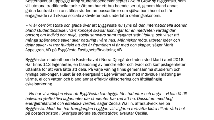 Internationellt pris till ByggVestas studentbostäder
