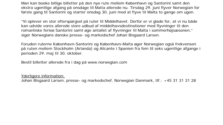 Norwegian åbner ny sommerrute til Santorini