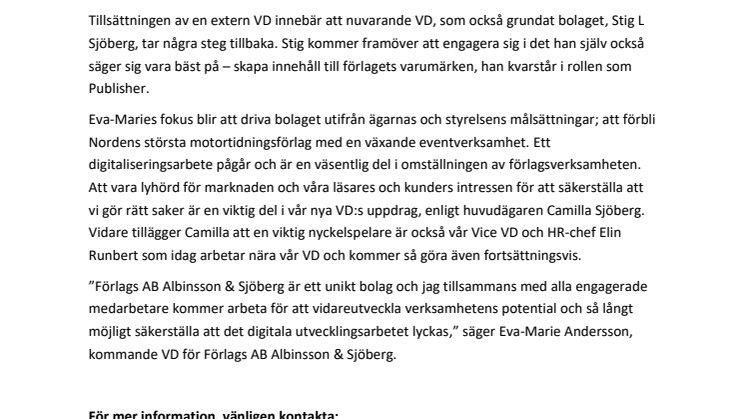 Förlags AB Albinsson & Sjöberg utser ny VD