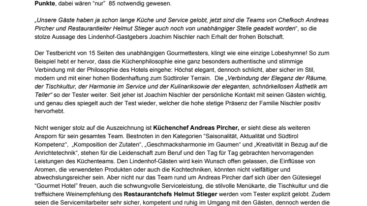 ​Gütesiegel “Gourmet Hotel” für das DolceVita Hotel Lindenhof in Naturns