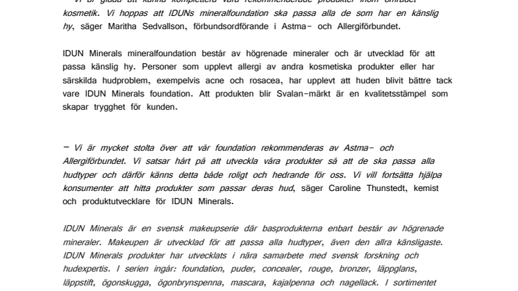 IDUN Minerals mineralfoundation –  den enda kosmetiska produkten rekommenderad av Astma- och Allergiförbundet
