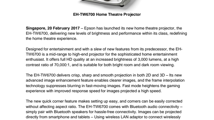 Epson launches EH-TW6700 new home theatre projector delivering new levels of brightness and performance