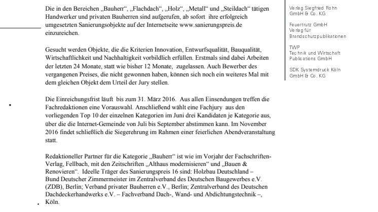 Sanierungspreis 16 ausgelobt